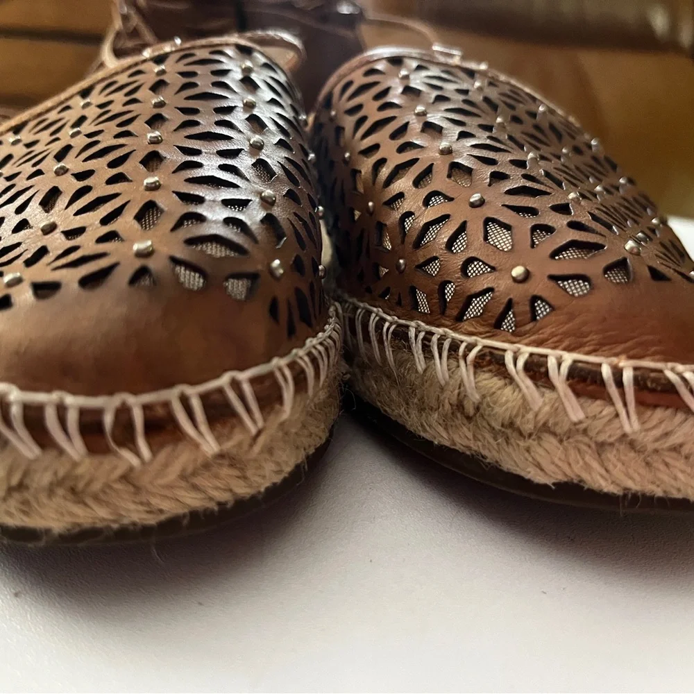 Anthropologie size 8 Brown Leather Laser-Cut Espadrille Ankle-Tie Sandals - Picture 4 of 7
